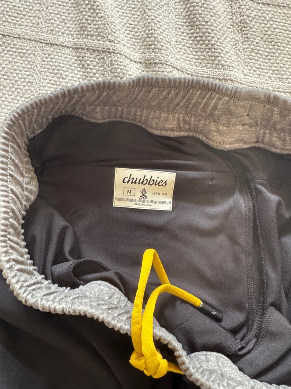 Chubbies Black Shorts with Yellow Drawstring and Gray Waistband
